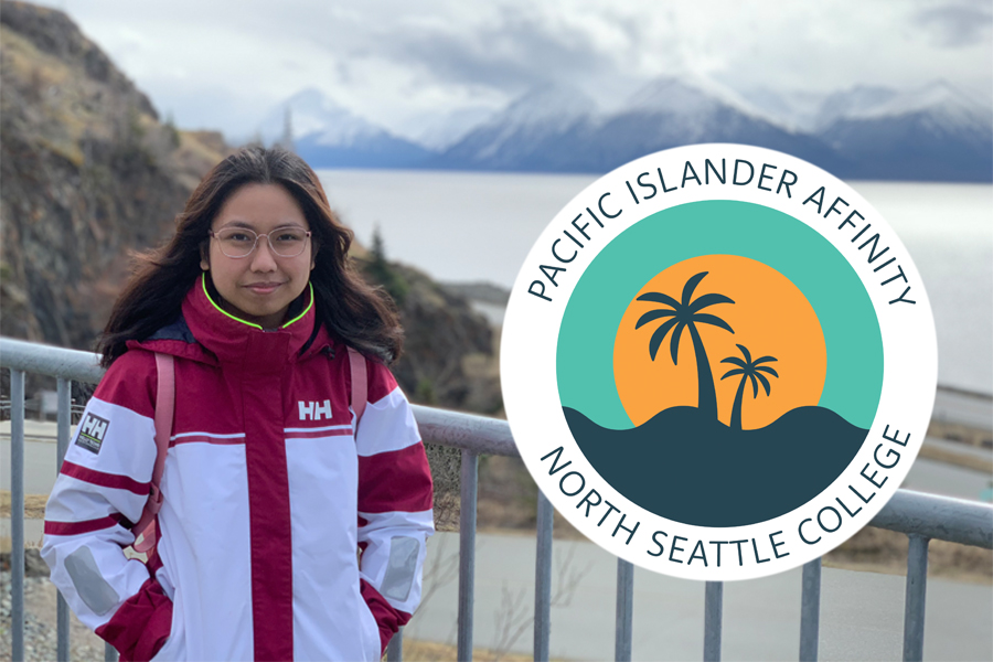 Ana Bungag stands by waterfront with mountains in background. Pacific Islander Affinity logo shows two palm trees in front of orange sunset. 