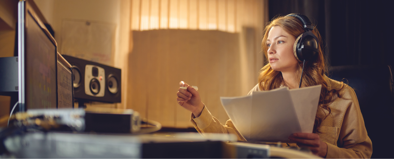 woman in front of computer with headhpones holding paper and pen