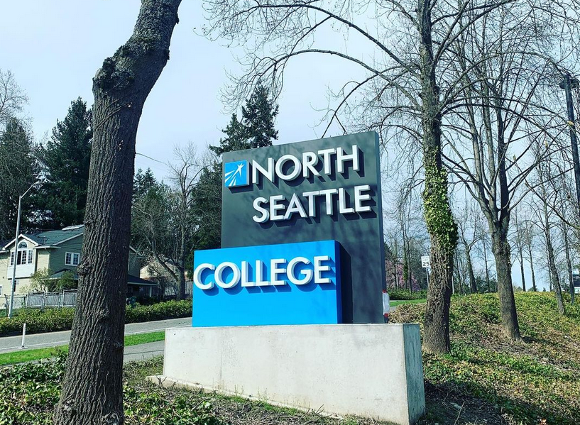 trees with North Seattle College sign