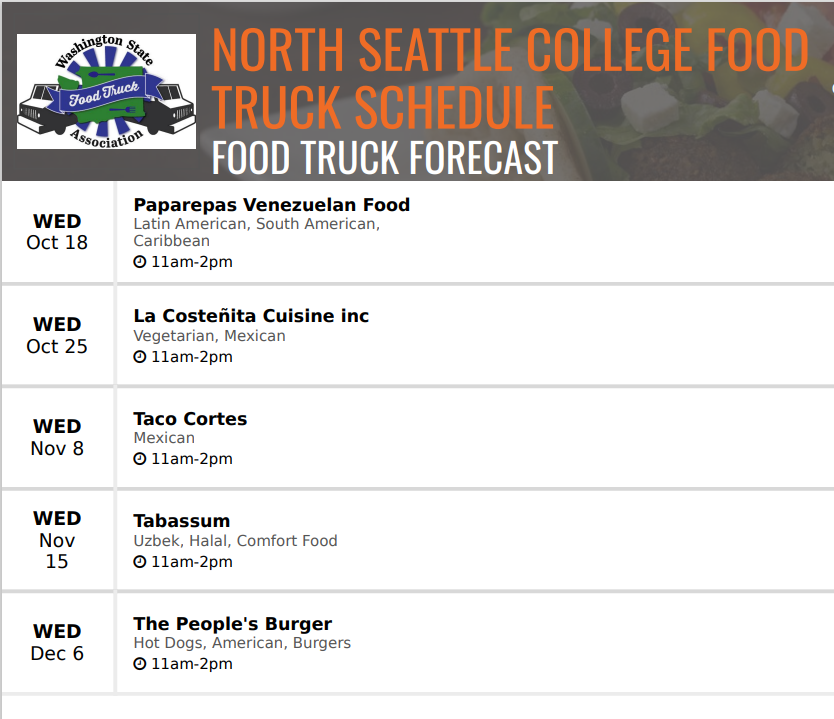 North Seattle College Food Truck Schedule 