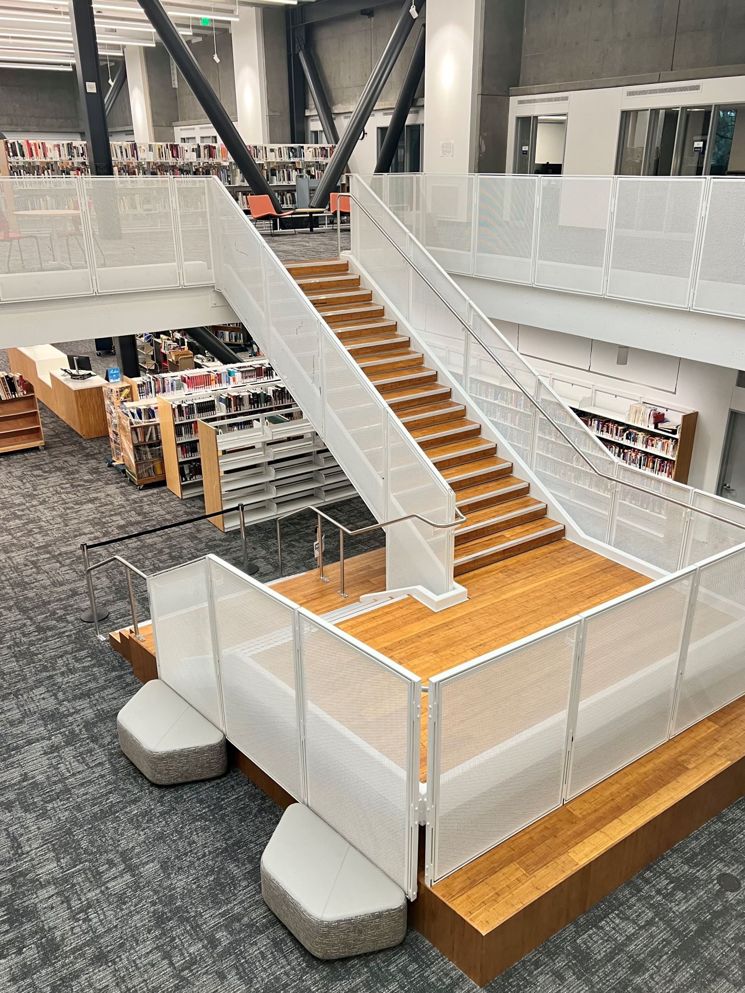 staircase in a library 