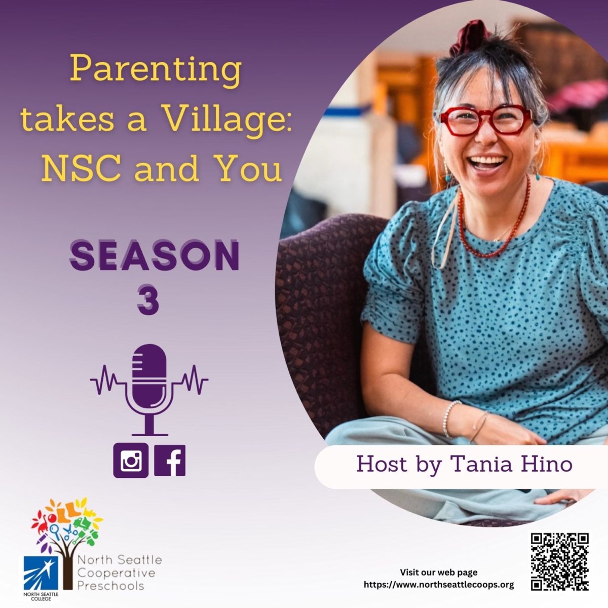 Purple background with image of Tania Hino with text "Parenting Takes a Village"