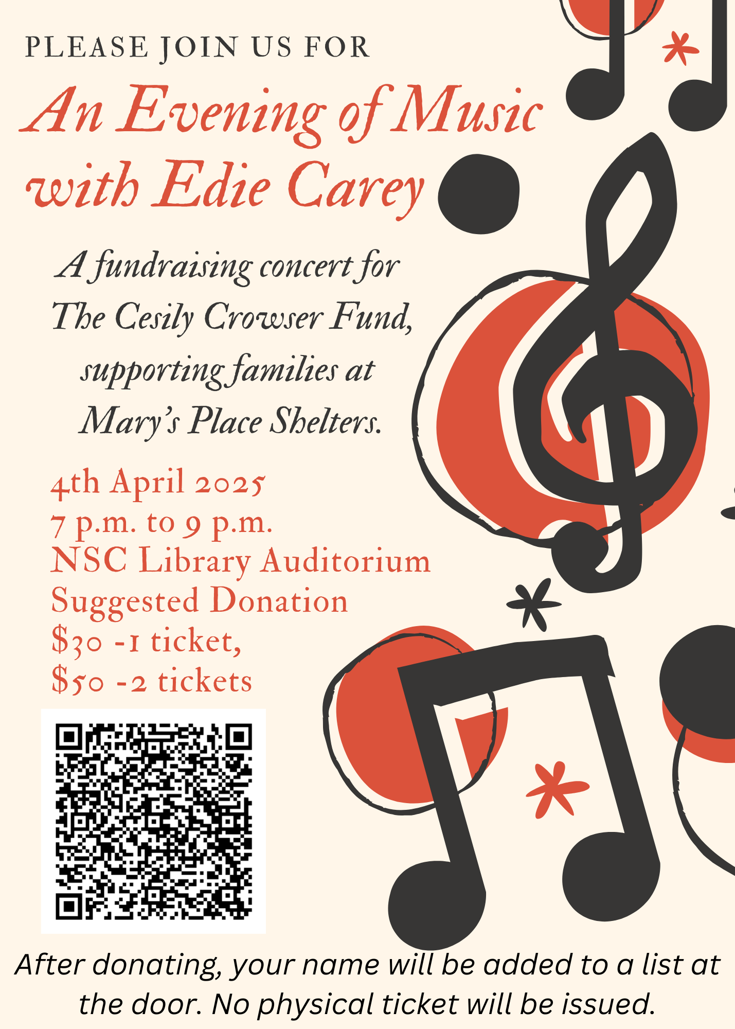 An Evening with Edie Carey. music notes on background