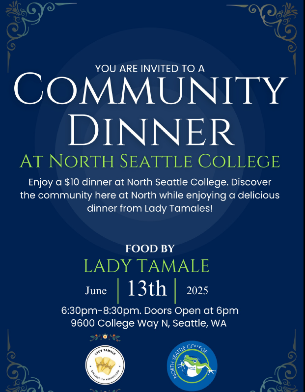 blue background with text that reads You are invited to a Community Dinner at North Seattle College.  