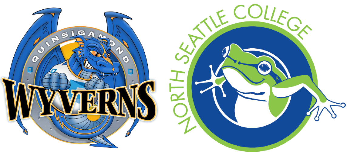 North Seattle College logo with frog and Quinsigamond College logo 
