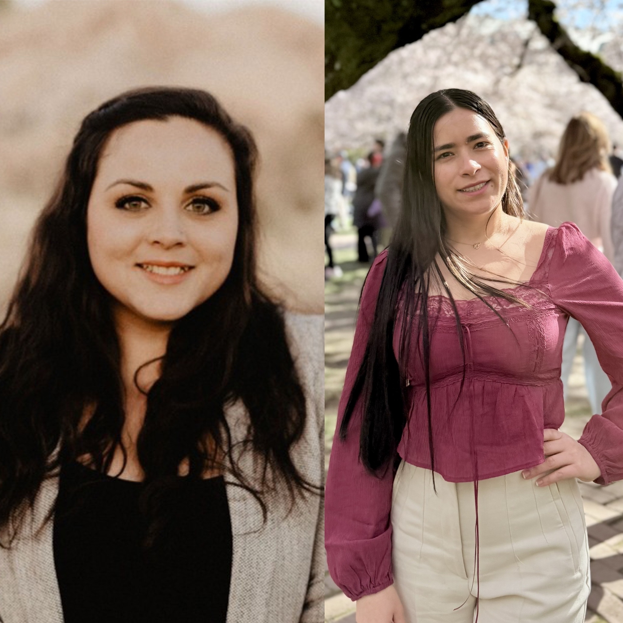 female smiling wearing black undershirt with beige blazer and a female smiling wearing a pink shirt standing outside in front of a cherry tree 