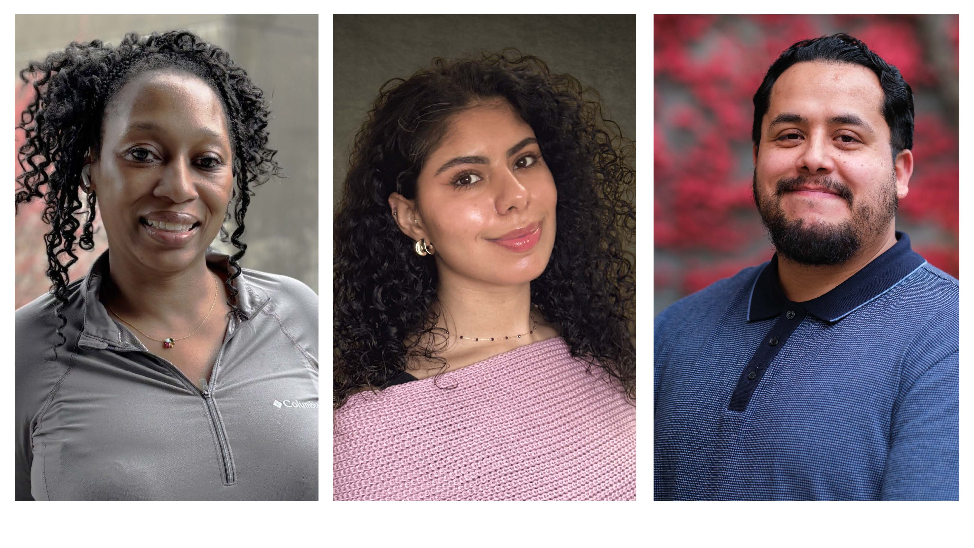 a female wearing a grey shirt, a female wearing a pink sweater and a male wearing a blue polo shirt. all students are smiling 