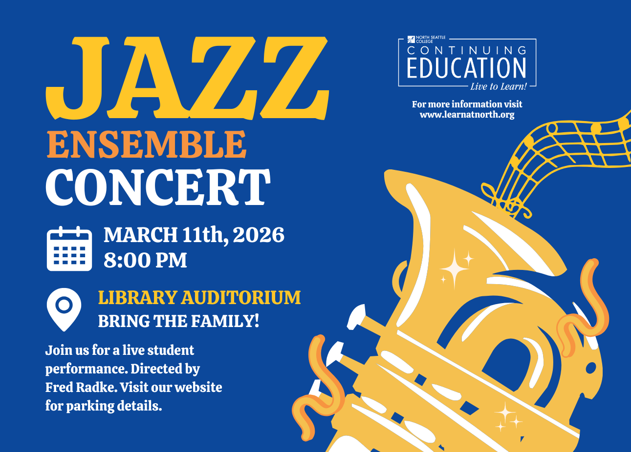 Jazz Ensemble Concert March 11, 2026 8 p.m. library auditorium