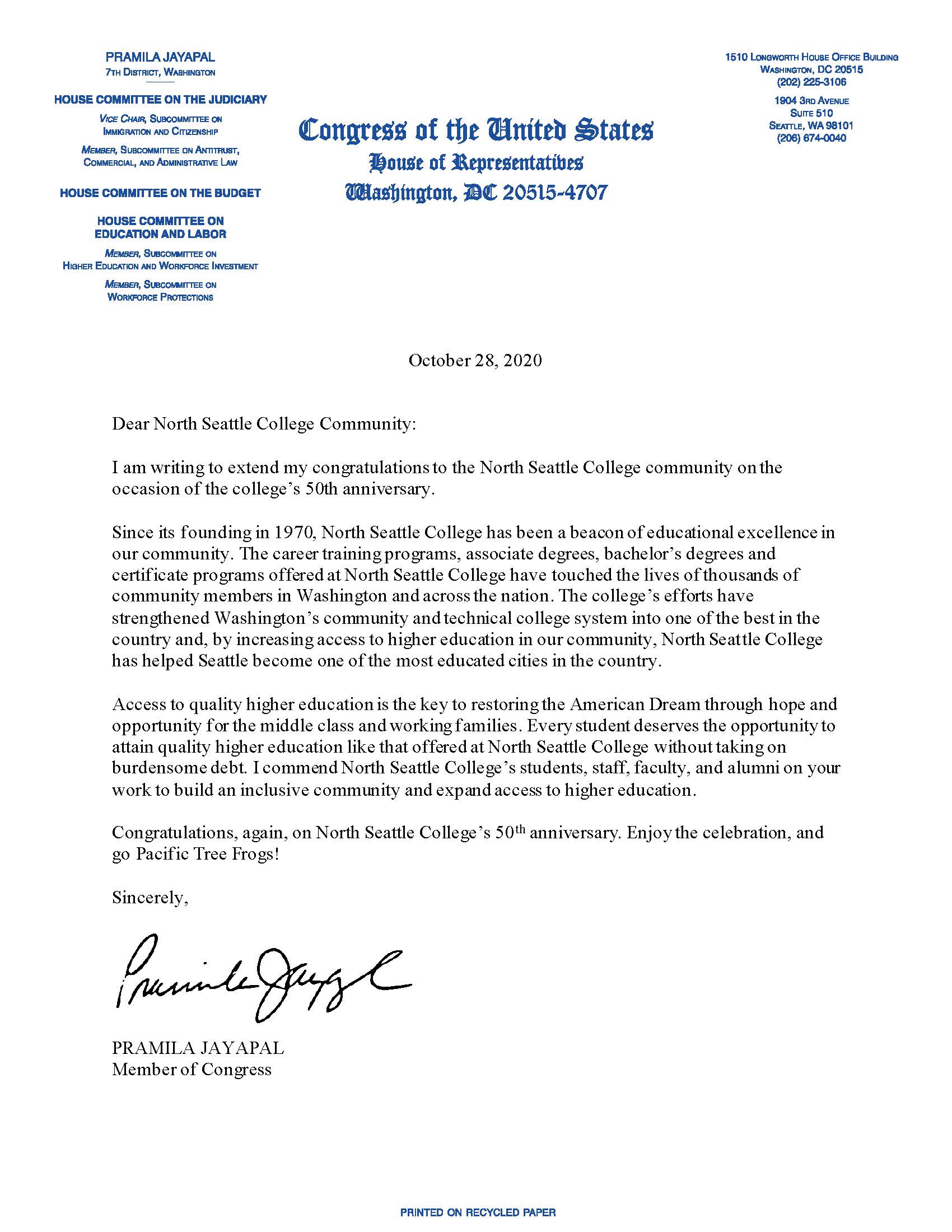 Letter from Congresswoman Pramila Jayapal